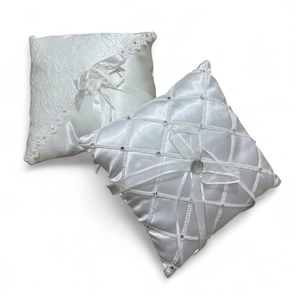 Coquette Ring Bearer Pillow White Satin Wedding Bundle Set of 2 rhinestones bow